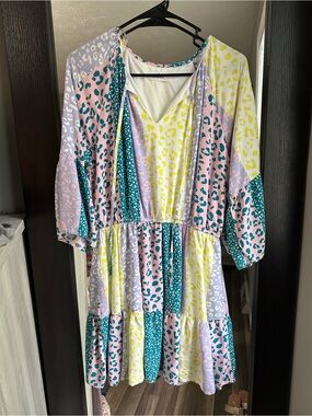 Colorblock Leopard Print Tiered Mini Dress - Pastel Multi